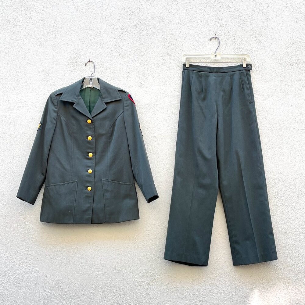 Vintage 80s Women's Military Army Green Gabardine Dress Suit Jacket Pants